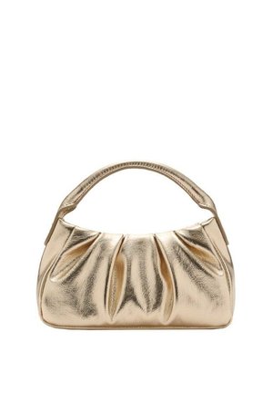Sac à main métallique doré avec un design froncé, une courte poignée et une texture lisse. Forme arrondie avec de discrètes plis sur le devant.