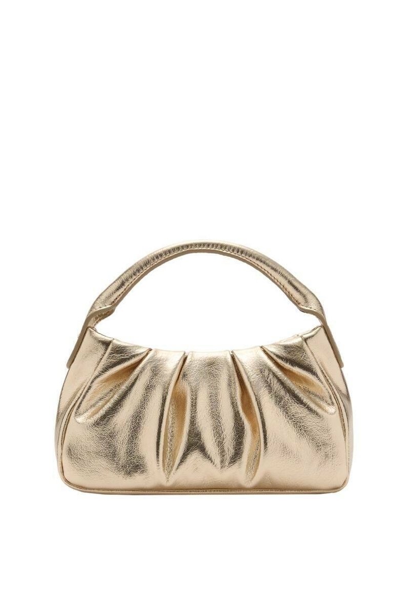Borsa a mano metallica dorata con design arricciato, manico corto e texture liscia. Forma arrotondata con pieghe sottili nella parte frontale.
