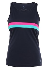 Granatowy top na ramiączkach o dopasowanym kroju, z różowymi i turkusowymi poziomymi paskami na klatce piersiowej. Wykonany z materiału odprowadzającego wilgoć.