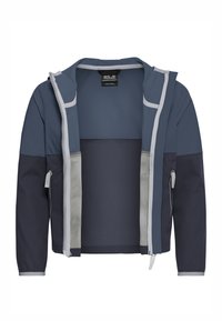 Μπλε και σκούρο μπλε μπουφάν softshell με κουκούλα, μπροστινό φερμουάρ, τσέπες με φερμουάρ στα πλευρά και εσωτερική επένδυση από ανοιχτό γκρι δίχτυ.