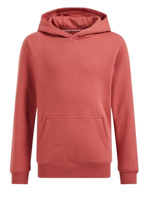 Rode katoenen hoodie met een buidelzak, geribbelde manchetten en een capuchon met trekkoord. Gladde textuur met een effen kleur.