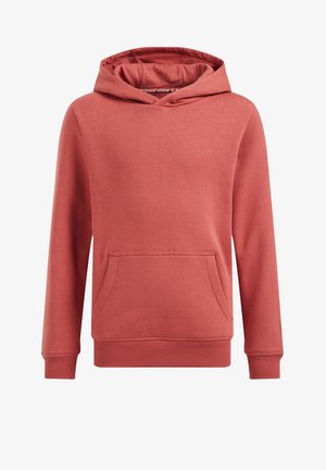 Czerwona bawełniana bluza z kapturem, wyposażona w kieszeń kangurka, ściągacze na rękawach i kaptur z troczkami. Gładka tekstura o jednolitym kolorze.
