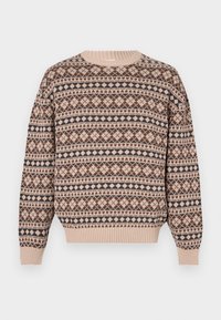 Strikket sweater i beige med et geometrisk mønster i brune og marine farver. Rund hals, ribbede manchetter og kant, let oversized pasform.