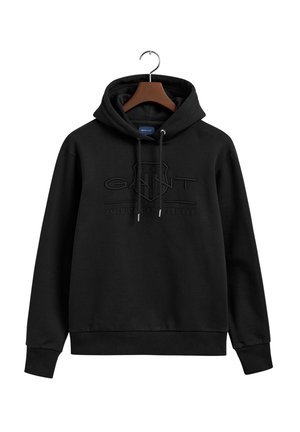 Zwarte hoodie met een trekkoord, voorzien van een verhoogd GANT-logo en de tekst "American Sportswear". Gemaakt van zachte stof met ribgebreide boorden.