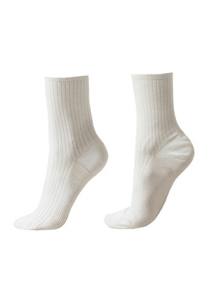Pair of white ribbed crew socks, one shown from side and heel, the other from side and sole view, on a white background.