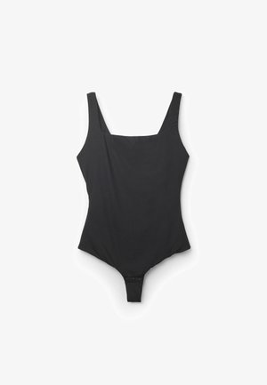 Sort heldragt badedragt med firkantet udskæring, brede skulderstropper og trykknaplukning nederst. Glat tekstur og tætsiddende pasform.