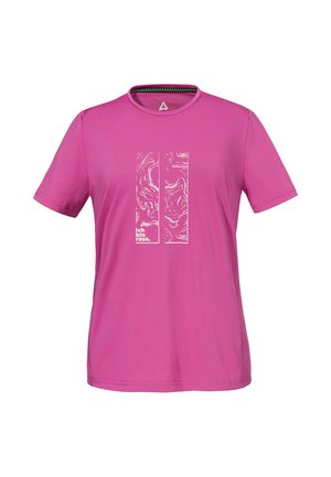 Leuchtend pinkes, kurzärmeliges Sport-T-Shirt mit weißem, abstraktem topografischem Design und dem Schriftzug "Ich bin raus." auf der Vorderseite.