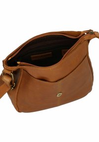 Borsa a tracolla in pelle color cuoio con una sola tracolla, chiusura con zip, tasca esterna e piccolo bottone a snap in ottone rotondo. L'interno presenta una fodera scura.