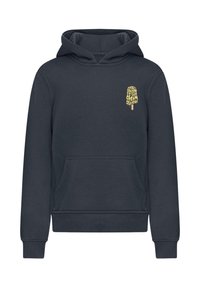 Tmavosivý pulóver s kapucňou vyrobený z mäkkého materiálu, s prednou vreckom, rebrovanými manžetami a žltou grafikou zmrzliny na hrudi.