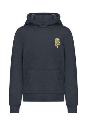 Ciemnoszara bluza z kapturem wykonana z miękkiego materiału, z przednią kieszenią, ściągaczami na rękawach oraz żółtą grafiką lodowego patyka na piersi.