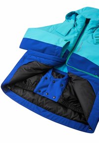 Wasserdichte Jacke in Petrol und Blau. Verfügt über einen Reißverschluss vorne, verstellbare Manschetten und einen elastischen Taillenbund. Innen mit schwarzem Stoff gefüttert.