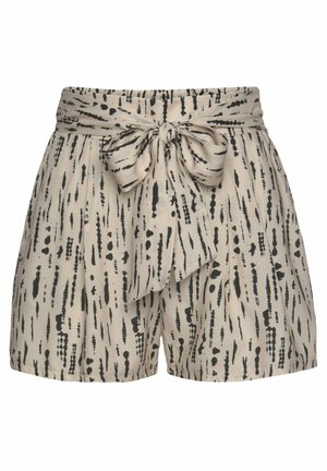 Beige shorts med ett svart abstrakt mönster. Mjuk tyg, hög midja med knytbälte och lös passform.