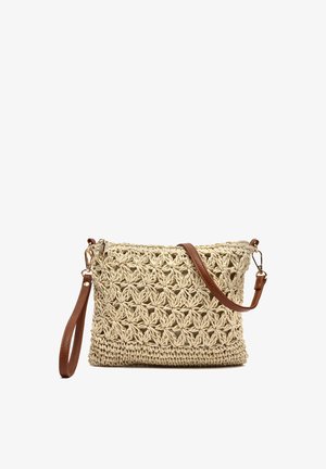 Bež heklana torbica za večer s cvjetnim uzorkom, smeđim odvojivim remenjem za zglob i ramena te zatvaračem.