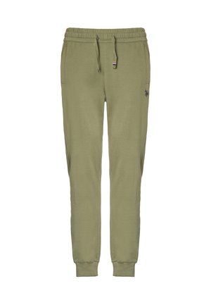 Jogging in cotone verde oliva con vita elasticizzata, tasche laterali, polsini a costine e un piccolo logo sulla coscia sinistra.