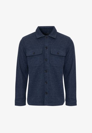 Veste chemise en laine mélangée bleu marine avec un col classique, deux poches poitrine et un devant boutonné avec des boutons noirs.