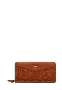 Crocodile-embossed brown leather wallet with a flat design, gold hardware logo, and smooth upper section. Zippered compartment detail.