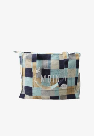 Canvas draagtas met blauw, beige en zwart geruit patroon, nautische prints en het woord "MOIN" op het voorvak.