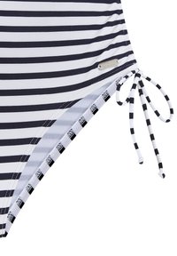 Dryžuota bikini apatinė dalis, su mėlynais ir baltais horizontaliais dryžiais, su šoninėmis raištelėmis ir sidabriniu logotipo akcentu, pagaminta iš tamprių medžiagų.