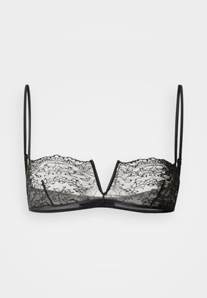 Bralette en dentelle noire avec bonnets en tissu transparent, centre en forme de V et fines bretelles ajustables. Présente un motif complexe de dentelle florale et sans rembourrage.