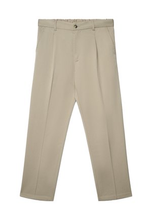 Pantaloni beige con vestibilità comoda, vita elasticizzata, due tasche laterali, pieghe sul davanti e gambe dritte. Tessuto dalla texture liscia.