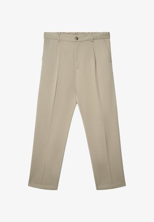 Pantaloni beige con vestibilità comoda, vita elasticizzata, due tasche laterali, pieghe sul davanti e gambe dritte. Tessuto dalla texture liscia.