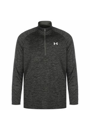 Ciemnoszary sportowy pulower z długim rękawem, suwakiem sięgającym do ćwiartki oraz białym logo Under Armour na lewym ramieniu.