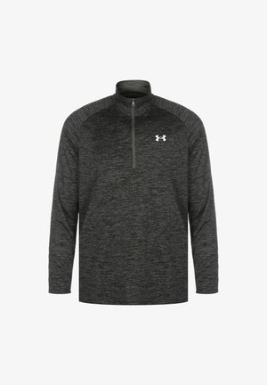 Donkergrijze sportieve trui met lange mouwen, kwartrits en een wit Under Armour-logo op de linkerborst.