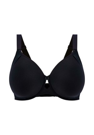 Zwarte gepaadde bh met een gladde textuur, beugelsupport, verstelbare bandjes en een klein strikdetail in het midden. Klassiek ontwerp voor comfort.