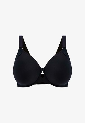 Mustap padded rintaliivi, jossa on sileä pinta, vaijeratkaisu, säädettävät hihnat ja pieni keskellä oleva nauhaverkko. Klassinen muotoilu mukavuutta varten.