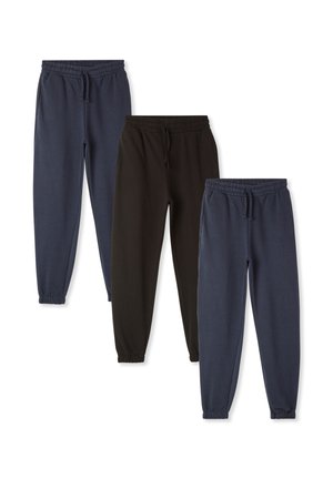 Tre paia di pantaloni della tuta di diversi colori: blu scuro, nero e blu chiaro. Ognuno presenta una vita elasticizzata e polsini.