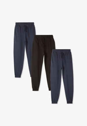 Trzy pary dresów w różnych kolorach: ciemnoniebieskim, czarnym i jasnoniebieskim. Każda para ma elastyczne pasy i mankiety.