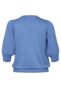Pull en tricot bleu clair avec manches bouffantes côtelées et encolure arrondie. Le tissu est doux et la coupe est décontractée.