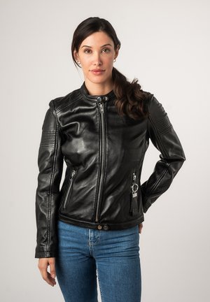 Black leather motorcycle jacket with a zip front, side pockets, and quilted accents on shoulders. Features a fitted design and smooth texture.