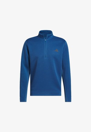 Pull-over bleu à col zippé en tissu texturé à rayures horizontales, avec un col montant et un petit logo sur la poitrine.