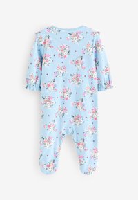 Blue floral romper with long sleeves, ruffle accents, and footed design. Features a pattern of pink and white flowers on a soft fabric.