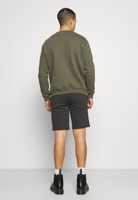 Olive green sweatshirt with a round neckline, ribbed cuffs, and hem, paired with dark grey shorts and black ankle boots. Simple and casual design.