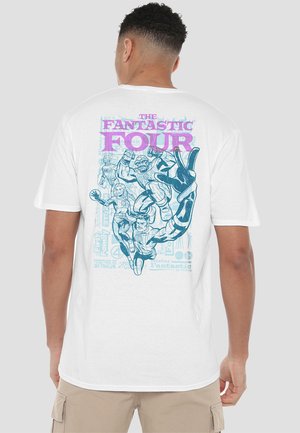 White cotton t-shirt featuring a blue and purple graphic of the Fantastic Four on the back, highlighting comic-style illustrations and text.
