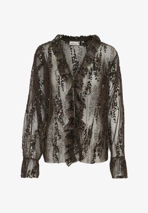 Barna flitteres blúz ráncos elülső résszel, félig áttetsző anyaggal, hosszú ujjakkal és gombos mandzsettával. A függőleges csíkok textúrált megjelenést kölcsönöznek.