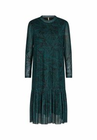 Vestido verde azulado con mangas largas, escote redondo y falda acampanada. Presenta un patrón de hojas en tonos más oscuros. Tejido ligero y fluido.