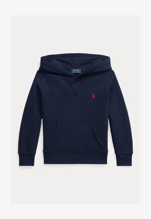 Sweatshirt azul marinho feito de tecido macio, com um bolso frontal tipo canguru, capuz com cordão e um pequeno logótipo vermelho no peito.