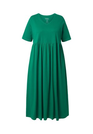 Vihreä, lyhythihainen, V-kaula-aukollinen midimekko, jossa on kerätty vyötärö ja rento istuvuus, valmistettu pehmeästä puuvillakankaasta.