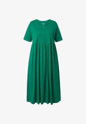 Vihreä, lyhythihainen, V-kaula-aukollinen midimekko, jossa on kerätty vyötärö ja rento istuvuus, valmistettu pehmeästä puuvillakankaasta.