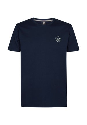 Navy blue cotton t-shirt with short sleeves, round neck, and small light graphic detail on the chest. Regular fit with a smooth texture.