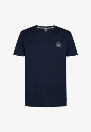 Tricou din bumbac bleu marin, cu mâneci scurte, gât rotund și un mic detaliu grafic deschis pe piept. Croială obișnuită, cu o textură fină.