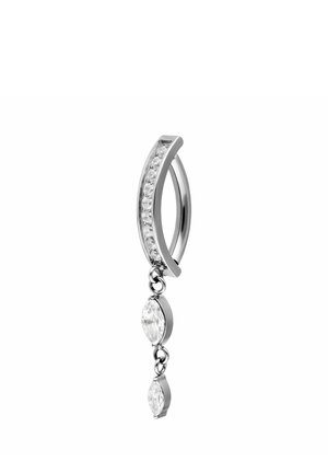 Silver hoop earring with a row of small clear stones and two dangling marquise-cut clear gemstones.