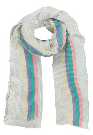 Écharpe gris clair texturée avec des rayures verticales pastel en violet, sarcelle, rose, jaune et vert, pliée en boucle.