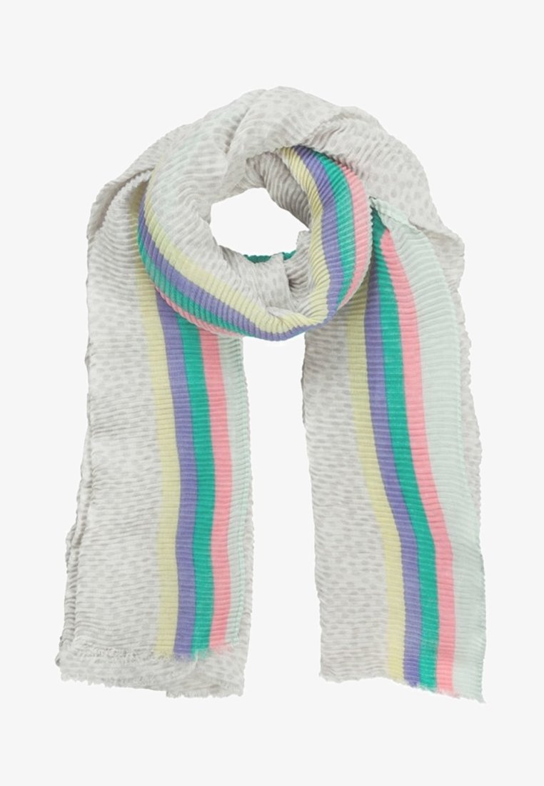 Écharpe gris clair texturée avec des rayures verticales pastel en violet, sarcelle, rose, jaune et vert, pliée en boucle.