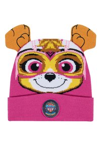 Gorro de punto rosa con una cara de personaje bordada que presenta orejas marrones, ojos grandes y un parche con el logo en el puño. Textura suave.