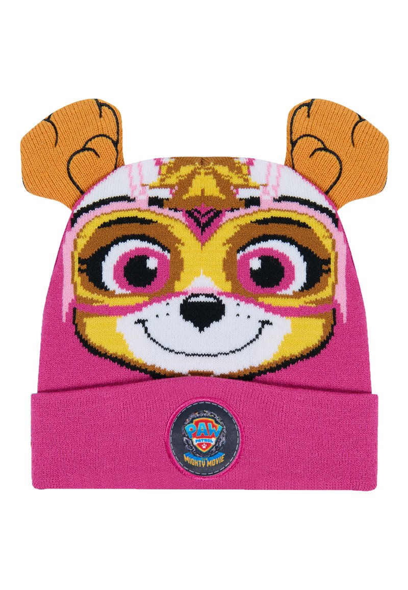 Gorro de punto rosa con una cara de personaje bordada que presenta orejas marrones, ojos grandes y un parche con el logo en el puño. Textura suave.