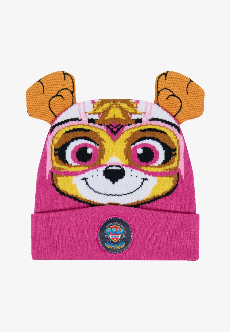 Beanie rosa in maglia con un viso di personaggio ricamato che presenta orecchie marroni, grandi occhi e un'etichetta con logo sul risvolto. Texture morbida.